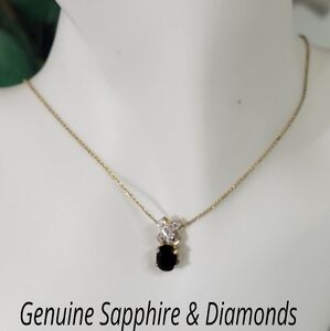 VTG FAS SIGNED GENUINE BLUE SAPPHIRE & DIAMOND NECKLACE. 14K/924
